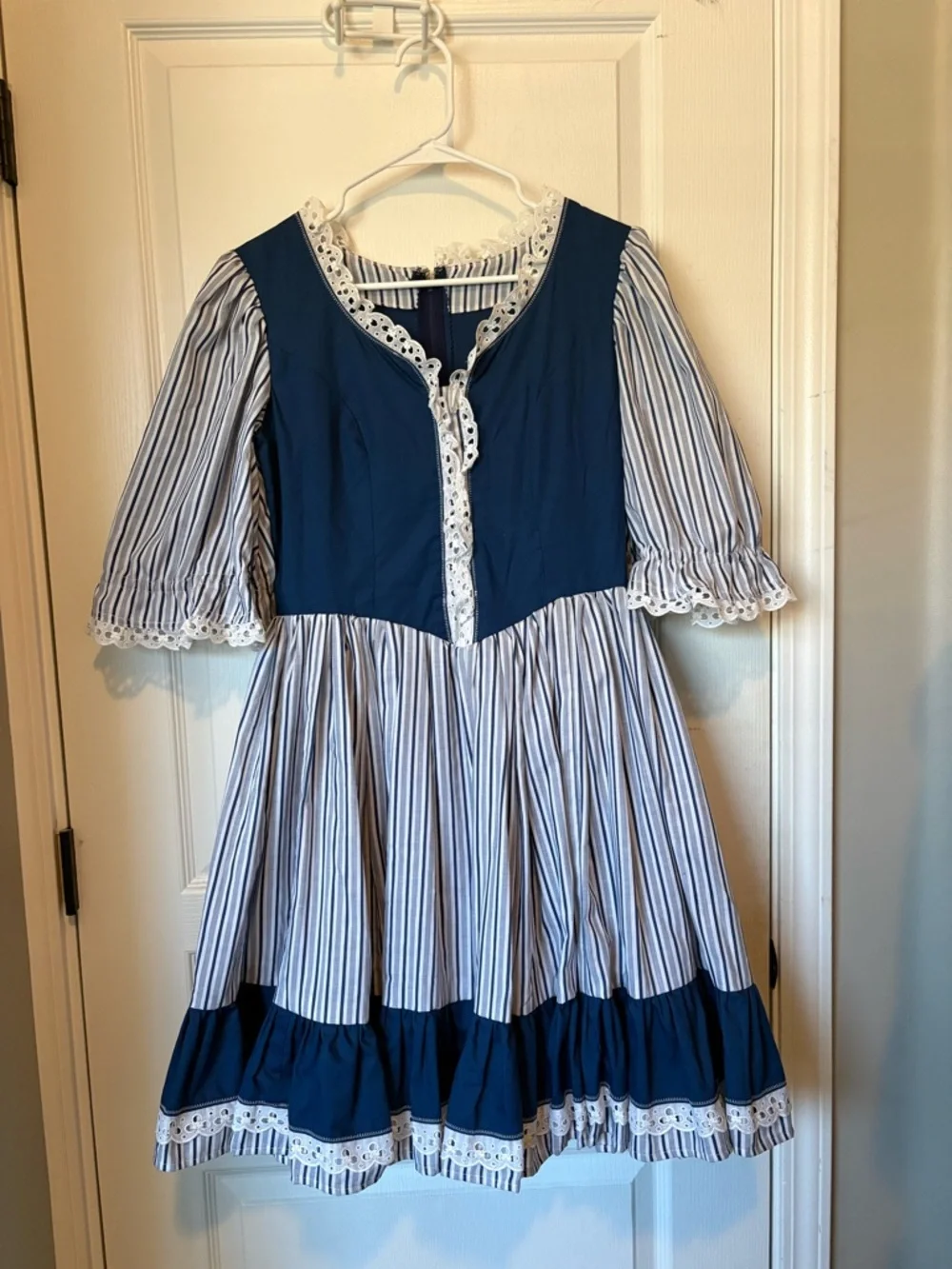 Vintage Blue & White Striped Puff Sleeve Mini Dress - Picture 3 of 13